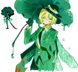 1girl black_gloves black_hat black_necktie blonde_hair blood blood_on_clothes clover collared_shirt don_quixote_(project_moon) e.g.o_(project_moon) fairy-long-legs_(project_moon) four-leaf_clover gloves green_jacket green_pants hat holding holding_umbrella insect_wings jacket kampuzu limbus_company long_sleeves looking_at_viewer necktie official_art_inset pants project_moon red_eyes shirt short_hair simple_background smile solo umbrella white_background white_shirt wings