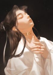 1boy artist_name backlighting bandaged_wrist bandages bishounen black_background brown_hair butchinelle chinese_clothes closed_eyes closed_mouth cursed_shackle curtained_hair dark_background expressionless eyelashes fingernails gradient_background grey_background hair_bun hair_ribbon hand_on_own_neck hand_on_own_wrist hands_up hanfu head_back highres leaning_back light_particles lips long_eyelashes long_hair long_sidelocks male_focus neck_tattoo parted_bangs puffy_lips ribbon sidelocks simple_background single_hair_bun straight_hair string string_around_finger string_of_fate tattoo thick_eyebrows three_quarter_profile tianguan_cifu upper_body very_long_hair white_hanfu white_ribbon wide_sleeves xie_lian