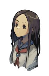 absurdres blue_sailor_collar brown_eyes brown_hair highres karakai_jouzu_no_takagi-san kornod long_hair sailor_collar school_uniform shirt takagi-san upper_body white_background white_shirt