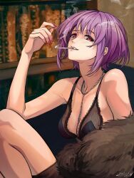 Rule 34 | 1girl, absurdres, bang dream!, bang dream! it&#039;s mygo!!!!!, black bra, blush, bra, breasts, cigarette, commentary request, hero45439083942, highres, holding, holding cigarette, jewelry, large breasts, nail polish, necklace, open mouth, pink eyes, pink nails, purple hair, short hair, signature, smoke, solo, underwear, yuutenji nyamu