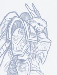 Rule 34 | alphamon, cape, digicore interface, digimon, digimon (creature), monochrome, traditional media, zero unit