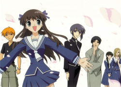 3boys 3girls ascot black_hair blonde_hair blue_skirt bracelet braid brown_hair cargo_pants fruits_basket grey_hair hair_over_one_eye hanajima_saki highres honda_tooru japanese_clothes jewelry multiple_boys multiple_girls necktie official_art orange_hair pleated_skirt red_eyes sailor_collar school_uniform serafuku skirt sohma_kyou sohma_shigure sohma_yuki uotani_arisa