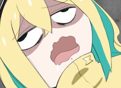 1girl absurdres amano_pikamee aqua_hair basedshark blonde_hair bocchi_the_rock! dizzy exasperation gotoh_hitori highres hood hoodie multicolored_hair on_ground parody rolling_eyes shaded_face style_parody sweat virtual_youtuber voms wavy_mouth yellow_hoodie