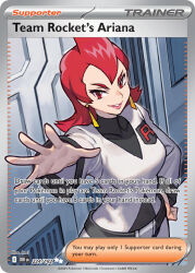 1girl ariana_(pokemon) artist_name belt black_belt card_(medium) character_name company_name copyright_name copyright_notice door earrings english_text eyelashes hand_on_own_hip hungry_clicker indoors jewelry lips long_sleeves medium_hair nintendo official_art outstretched_arm pokemon pokemon_card pokemon_hgss pokemon_tcg red_eyes red_hair shirt smile solo team_rocket team_rocket_uniform third-party_source trading_card v-shaped_eyebrows white_shirt