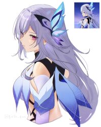 1girl absurdres artist_name bare_shoulders breasts butterfly_hair_ornament closed_mouth commentary_request derivative_work eyelashes from_side genshin_impact grey_hair hair_ornament highres hotaboshi_yazuki long_hair looking_at_viewer medium_breasts pink_eyes screenshot_redraw simple_background skirk_(genshin_impact) solo watermark white_background yaduki100
