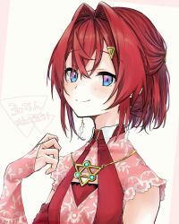 1girl ange_katrina ange_katrina_(3rd_costume) ayuko_ammobium blue_eyes bridal_gauntlets closed_mouth collared_dress commentary_request crossed_bangs dress earrings gold_necklace gradient_eyes hair_between_eyes hair_intakes hair_ornament half_updo hand_up highres jewelry lace_bridal_gauntlets layered_dress light_blush looking_at_viewer medium_hair multicolored_eyes necklace nijisanji pink_bridal_gauntlets pink_dress pink_eyes red_dress red_hair sleeveless sleeveless_dress smile solo translation_request triangle_hair_ornament triangle_necklace upper_body virtual_youtuber white_background wing_earrings