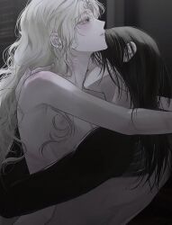 2girls arm_tattoo black_hair blood blood_from_mouth blush commentary hand_on_another&#039;s_shoulder hickey highres kiss kissing_neck light_particles long_hair mole mole_under_eye multiple_girls nude original seok_2 symbol-only_commentary tattoo white_background yuri