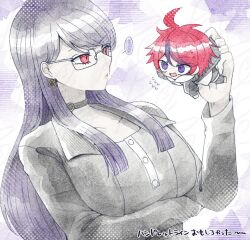 ... 1boy 1girl ahoge black_choker black_dress black_hair black_jacket breasts buttons carrying carrying_person choker commentary_request dress earrings eprprprn eye_contact flying_sweatdrops glasses jacket jewelry large_breasts long_hair long_sleeves looking_at_another mini_person miniboy multicolored_hair open_clothes open_jacket purple_eyes purple_hair red_eyes red_hair shizuhara_hiruko short_hair size_difference straight_hair streaked_hair sumino_takumi sweat swept_bangs the_hundred_line_-last_defense_academy- translation_request two-tone_hair