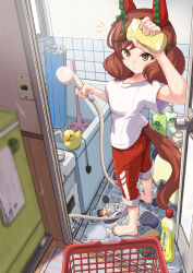 1girl animal_ears barefoot basket bathroom bow breasts brown_eyes brown_hair cleaning clothing_cutout ear_bow ear_covers from_side green_bow gym_shirt highres hishi_miracle_(umamusume) holding holding_shower_head horse_ears horse_girl horse_tail indoors looking_at_viewer medium_breasts medium_hair multicolored_hair nice_nature_(umamusume) notice_lines pants red_pants rubber_duck satomura_kyou shirt short_sleeves shower_head solo streaked_hair tail tail_through_clothes twintails umamusume white_shirt