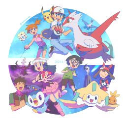 2girls 3girls :d absol ash_ketchum asymmetrical_hair bandana baseball_cap beanie black-framed_eyewear black_hair black_socks blue_eyes blue_hair blue_jacket boots brock_(pokemon) brown_eyes brown_hair clenched_hand closed_eyes closed_mouth collared_shirt croagunk darkrai dated dawn_(pokemon) eyelashes gen_1_pokemon gen_2_pokemon gen_3_pokemon gen_4_pokemon gloves green_shirt hair_ornament hairclip hat highres holding jacket jirachi kneehighs latias legendary_pokemon long_hair may_(pokemon) misty_(pokemon) multiple_boys multiple_girls mythical_pokemon nintendo open_clothes open_jacket open_mouth orange_hair pants pikachu pink_footwear piplup pokemon pokemon:_jirachi:_wish_maker pokemon:_the_rise_of_darkrai pokemon_(anime) pokemon_(classic_anime) pokemon_dppt_(anime) pokemon_heroes:_latios_&amp;_latias pokemon_rse_(anime) ponytail red_bandana red_scarf red_shirt scarf shirt shoes short_hair short_sleeves shorts side_ponytail skirt sleeveless sleeveless_jacket sleeveless_shirt smile socks teeth togepi tongue twitter_username upper_teeth_only white_shirt yakou_(9617-564) yellow_shirt