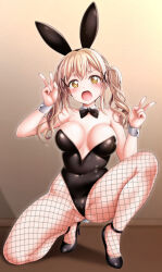 1girl :o absurdres animal_ears bang_dream! black_bow black_bowtie black_leotard black_shoes blonde_hair blush bow bowtie commentary_request covered_navel detached_collar double_v fake_animal_ears fishnet_pantyhose fishnet_thighhighs fishnets hair_ornament high_heels highres ichigaya_arisa kneeling leotard long_hair looking_at_viewer open_mouth pantyhose playboy_bunny rabbit_ears shoes solo strapless strapless_leotard thighhighs thighs tina_(pixiv37050289) tongue twintails v white_wrist_cuffs wrist_cuffs x_hair_ornament