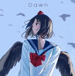 1girl black_hair black_wings blue_sky blush bow commentary cropped english_commentary english_text feathered_wings hat highres looking_to_the_side red_bow red_eyes red_hat school_uniform serafuku shameimaru_aya shirt short_hair sky smile solo tokin_hat touhou upper_body vanilla_flan white_serafuku white_shirt wings