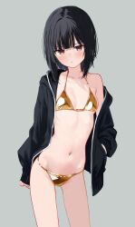 1girl absurdres bikini black_hair black_jacket blunt_bangs bob_cut_girl_(memekko) breasts brown_eyes collarbone commentary_request cowboy_shot gold_bikini grey_background hand_in_pocket highres jacket long_sleeves looking_at_viewer memekko navel open_clothes open_jacket original simple_background small_breasts solo standing stomach swimsuit thighs
