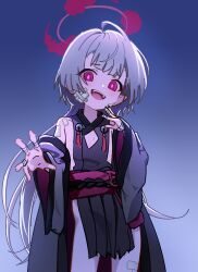 Rule 34 | 1girl, :d, absurdres, ahoge, bandaged arm, bandaged hand, bandaged leg, bandages, bell, black nails, blue archive, blue background, gauze, gauze on cheek, gauze on face, gradient background, grey sleeves, halo, highres, jingle bell, light blush, long hair, long sleeves, looking at viewer, momip, obi, open mouth, pink eyes, red halo, sash, shuro (blue archive), sideless dress, sideless kimono, sideless outfit, smile, solo, too many bandaids, very long hair, wide sleeves