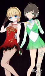 Rule 34 | 2girls, blonde hair, brown hair, dress, figure skating, figure skating dress, highres, leotard, multiple girls, niizuru mafuyu, red dress, station memories, toukai nana, white leotard