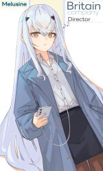 Rule 34 | 1girl, absurdres, black skirt, blue jacket, brown pantyhose, caat106, cellphone, expressionless, fate/grand order, fate (series), highres, holding, holding phone, jacket, long hair, looking at viewer, melusine (fate), pantyhose, phone, shirt, sidelocks, skirt, solo, white background, white hair, white shirt, yellow eyes