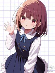 1girl arm_up belt black_belt blue_dress blue_ribbon brown_hair cowboy_shot dot_nose dress highres long_sleeves looking_at_viewer neck_ribbon original parted_lips red_eyes ribbon sailor_dress school_uniform shirt short_hair sidelocks solo twitter_username uru_aoi23 watermark waving white_shirt
