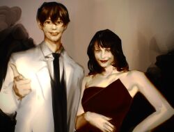 Rule 34 | 1boy, 1girl, aiming, aiming at viewer, black hair, black necktie, black vest, breasts, cleavage, coat, collared shirt, double-parted bangs, dress, finger gun, formal clothes, grin, hair between eyes, han sooyoung, hand in pocket, hand on own hip, hand on own stomach, kim dokja, leukocoria, looking at viewer, macaronijail, medium hair, necktie, omniscient reader&#039;s viewpoint, red dress, shirt, short hair, smile, suit, upper body, vest, white coat, white shirt, white suit