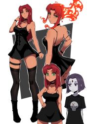 2girls :/ absurdres alternate_costume black_choker black_dress black_thighhighs breasts choker colored_sclera colored_skin commentary covered_navel dc_comics dress fiery_hair forehead_jewel full_body green_eyes green_sclera grey_skin half-closed_eyes hand_on_own_hip hand_up highres kekel long_hair looking_at_another medium_breasts multiple_girls purple_hair raven_(dc) red_hair short_hair standing starfire teen_titans thigh_strap thighhighs thighs wide_hips