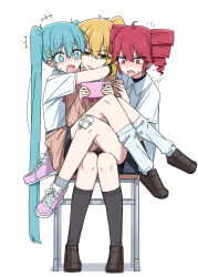 +++ 3girls absurdres akita_neru antenna_hair aqua_eyes aqua_hair bandaged_leg bandages bike_shorts_under_skirt black_choker black_socks blonde_hair blush bright_pupils cellphone chair channel_(caststation) choker clothes_around_waist commentary drill_hair duplicate fang flying_sweatdrops full_body gauze gauze_on_knee hair_between_eyes hair_ornament hairclip hatsune_miku highres holding holding_phone hug kasane_teto leg_warmers loafers long_hair long_sleeves multiple_girls nail_polish nose_blush notice_lines open_mouth phone pink_shoes pixel-perfect_duplicate pleated_skirt red_eyes red_hair school_uniform shared_chair shirt shoes short_sleeves simple_background sitting skirt smartphone sneakers socks sweat triple_baka_(vocaloid) triple_ryuunen twin_drills twintails utau very_long_hair vocaloid white_background white_pupils white_shirt white_socks yellow_eyes yellow_nails