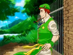 Rule 34 | 1boy, beard stubble, beret, blue ribbon, blue sky, braid, changpao, chinese clothes, closed mouth, collared shirt, commentary request, cowboy shot, day, facial hair, fingernails, forest, gate, genderswap, genderswap (ftm), grass, green hat, grey shirt, hands on own hips, hat, hat ornament, hong meiling, in-universe location, lake, looking afar, male focus, misty lake, nature, neck ribbon, orange hair, outdoors, ribbon, shirt, short hair, simotukiryuusi, sky, sleeves rolled up, smile, solo, star (symbol), star hat ornament, stubble, touhou, tree