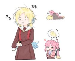 &gt;_&lt; 2girls :3 :d ahoge animalization anyoji_hime basil_(wgh0anzdple3asf) black_ribbon blonde_hair blue_hair blunt_bangs blush brown_dress cat commentary_request detached_ahoge dog dress dressing fujishima_megumi gradient_hair hair_down hair_intakes hair_ribbon hasu_no_sora_school_uniform heart hood hooded_jacket jacket korean_commentary link!_like!_love_live! long_hair long_sleeves love_live! mira-cra_park! multi-tied_hair multicolored_hair multiple_girls neckerchief open_clothes open_jacket open_mouth osawa_rurino pink_hair pink_jacket pleated_dress ponytail red_neckerchief ribbon sailor_collar sailor_dress school_uniform sidelocks smile spoken_animal swept_bangs two-tone_hair undone_neckerchief very_long_hair virtual_youtuber white_sailor_collar winter_uniform