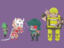 Rule 34 | 4boys, abs, armor, bone cold, buki k17 ko, chibi, clenched hands, evil smile, eyepatch, fork the giant, gloves, hanzo (kinnikuman), helmet, kinniku ataru, kinnikuman, kinnikuman nisei, kinnikuman soldier, looking at another, mask, monster boy, multiple boys, muscular, ninja, oni mask, smile, wrestling, zombie