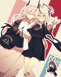 3girls :d ^_^ amiya_(arknights) animal_ears antenna_hair arknights bag black_horns black_shirt black_shorts blush brown_hair cellphone closed_eyes closed_mouth colorful_background commentary_request copyright_name facing_viewer fingernails grey_hair grey_skirt grin hair_between_eyes happy holding holding_bag holding_phone horns jewelry lari_lab long_hair long_skirt long_sleeves medium_hair multicolored_hair multiple_girls multiple_rings open_mouth outline outstretched_arm phone pink_hair red_hair ring shirt short_sleeves shorts skirt smartphone smile streaked_hair t-shirt theresa_(arknights) v w_(arknights) white_outline white_shirt