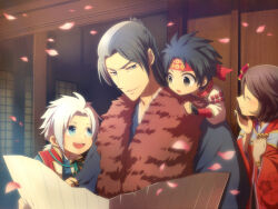 Rule 34 | black hair, brown eyes, brown hair, family, father and daughter, father and son, grey eyes, japanese clothes, kimono, multicolored hair, petals, reading, sanada masayuki, sanada nobuyuki, sanada yukimura (sengoku musou), sengoku musou, siblings, two-tone hair, white hair