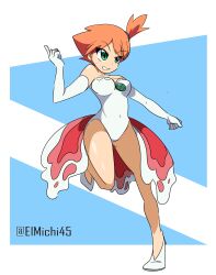 1girl absurdres asymmetrical_hair bare_shoulders blush breasts cosplay cowboy_shot dress el_michi45 elbow_gloves female_focus gen_1_pokemon gloves goldeen goldeen_(cosplay) green_eyes hair_tie highres legs looking_at_another medium_breasts misty_(pokemon) navel nintendo orange_hair pokemon pokemon_(anime) pokemon_(classic_anime) pokemon_ep043 ponytail shirt short_hair side_ponytail simple_background solo thighs