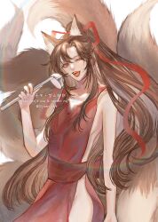 1boy alternate_costume animal_ears apron bare_arms bare_shoulders bishounen brown_eyes brown_hair cowboy_shot fangs fox_boy fox_ears fox_tail hair_ribbon hand_up high_ponytail highres holding holding_ladle kemonomimi_mode kitsune kyuubi ladle light_particles long_hair looking_at_viewer male_focus modao_zushi multiple_tails naked_apron no_panties ojisan_rbt one_eye_closed open_mouth ponytail rainbow red_apron red_ribbon ribbon sidelocks simple_background smile solo tail teeth tongue trap twitter_username very_long_hair watermark wei_wuxian white_background