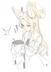 Rule 34 | 1girl, :o, animal, animal ear fluff, animal ears, bare shoulders, bird, blonde hair, blue archive, brown eyes, detached sleeves, dress, fox ears, halo, long hair, long sleeves, parted bangs, parted lips, puffy long sleeves, puffy sleeves, seia (blue archive), shimotsuki eight, simple background, sleeveless, sleeveless dress, sleeves past fingers, sleeves past wrists, solo, translation request, very long hair, white background, white dress, white sleeves