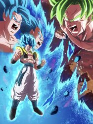 4boys abs aura bare_shoulders black_vest blue_eyes blue_hair blue_sash broly_(dragon_ball_super) clenched_hands cropped_vest dragon_ball dragon_ball_super dragon_ball_super_broly full_body gogeta green_hair highres legendary_super_saiyan male_focus medium_hair metamoran_vest multiple_boys muscular muscular_male no_shirt open_clothes open_vest pants powering_up sash scar scar_on_chest scar_on_face son_goku spiked_hair super_saiyan super_saiyan_blue urotakanata02 vegeta vest white_pants
