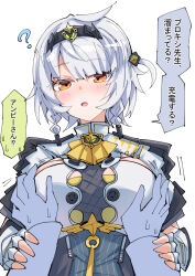 1boy 1girl ? anby_demara anby_demara_(silver_soldier) blush braid breasts fingerless_gloves gloves grabbing_another&#039;s_breast groping guided_breast_grab guiding_hand hands_on_another&#039;s_wrists large_breasts looking_at_viewer nodachi_(nodati51) open_mouth orange_eyes short_hair simple_background sweat sweatdrop tagme twin_braids white_background white_hair zenless_zone_zero