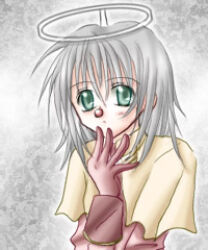 Rule 34 | 1girl, 2000s (style), acolyte (ragnarok online), blush, brown capelet, brown gloves, capelet, closed mouth, clown nose, commentary request, dated commentary, expressionless, fake halo, gloves, green eyes, grey background, grey hair, halo, hand up, looking at viewer, lowres, ragnarok online, sharari, short hair, solo, upper body