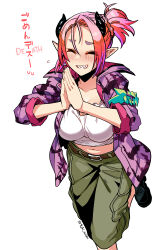 1girl belt breasts cargo_shorts closed_eyes collarbone demon_girl demon_horns duel_monster horns jacket large_breasts midriff muckraker_from_the_underworld navel open_clothes open_jacket own_hands_together pink_hair ponytail rolling_eyes sharp_teeth shorts smile solo standing standing_on_one_leg teeth tsukinami_kousuke yu-gi-oh!