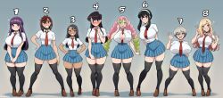 6+girls absurdres ayase_momo between_breasts black_hair blue_eyes blush braid breasts brown_eyes brown_hair circlet collar crossover dandadan dark-skinned_female dark_skin earrings fern_(sousou_no_frieren) green_eyes green_hair grey_hair hair_ornament hairclip highres ijiranaide_nagatoro-san jewelry kanroji_mitsuri kimetsu_no_yaiba kitagawa_marin kogeikun komi-san_wa_komyushou_desu komi_shouko large_breasts long_hair multicolored_hair multiple_girls nagatoro_hayase necktie necktie_between_breasts pink_hair purple_eyes purple_hair red_eyes school_uniform shirt short_hair shortstack skirt small_breasts sono_bisque_doll_wa_koi_wo_suru sousou_no_frieren spy_x_family uzaki-chan_wa_asobitai! uzaki_hana yor_briar