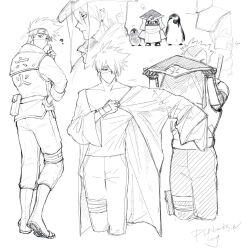 2boys back bird forehead_protector hatake_kakashi hokage_hat konohagakure_anbu_uniform long_sleeves male_focus mask mi_lu_zaosheng mouth_mask multiple_boys naruto_(series) naruto_shippuuden pants penguin