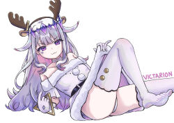 1girl :3 artist_name colored_inner_hair dress elbow_gloves gloves gradient_hair grey_hair highres hololive hololive_english koseki_bijou long_hair looking_at_viewer multicolored_hair panties pink_hair purple_eyes santa_costume santa_dress simple_background solo thighhighs underwear victarionsc virtual_youtuber white_background white_dress white_gloves white_panties white_thighhighs