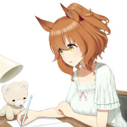 Rule 34 | 1girl, animal ears, aston machan (umamusume), brown hair, concentrating, dress, ear piercing, green eyes, highres, holding, holding pencil, horse ears, horse girl, lamp, nightgown, open mouth, pencil, piercing, side ponytail, simple background, solo, stuffed animal, stuffed toy, teddy bear, umamusume, white background, white dress, writing, yamano boriko