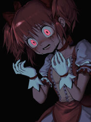 1girl absurdres black_background bow bow_choker chinese_commentary choker collarbone commentary_request crying crying_with_eyes_open dark_background dress gloves glowing glowing_eyes hair_bow hands_up highres huli_xiaobai kaname_madoka kaname_madoka_(magical_girl) looking_at_hands mahou_shoujo_madoka_magica mahou_shoujo_madoka_magica_(anime) open_mouth pink_eyes puffy_short_sleeves puffy_sleeves red_choker red_dress red_hair short_hair short_sleeves short_twintails simple_background solo tears twintails upper_body user_zenn5372 white_gloves wide-eyed