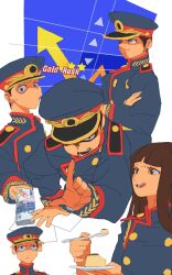 1boy 1girl advance_wars blunt_bangs brother_and_sister brown_eyes brown_hair colin_(advance_wars) crossed_arms eating epaulettes food hat highres index_finger_raised layeyes long_hair military_hat military_uniform money multiple_views nintendo open_mouth paper plate pudding sasha_(advance_wars) short_hair siblings smile spoon stonks_(meme) sweatdrop upper_body white_background