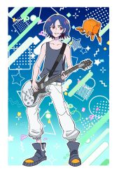 Rule 34 | 1boy, absurdres, blue hair, border, colored inner hair, electric guitar, full body, guitar, gundam, gundam gquuuuuux, highres, holding, holding guitar, holding instrument, instrument, lower eyelashes only, male focus, mclol303, multicolored hair, non-humanoid robot, open mouth, pants, playing guitar, purple hair, red eyes, robot, shoes, short hair, shuji ito, sleeveless, smile, solo, standing, tank top, two-tone hair, white border