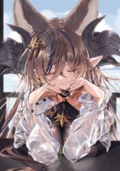 1girl 218 animal_ears bikini breasts brown_hair brown_horns closed_eyes draph extra_ears galleon_(granblue_fantasy) galleon_(summer)_(granblue_fantasy) granblue_fantasy hair_between_eyes horns large_breasts long_hair multicolored_hair pointy_ears solo streaked_hair swimsuit