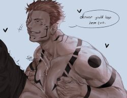 Rule 34 | 2boys, bara, between pecs, between pectorals, black nails, chest tattoo, clothed male nude male, echoei3, english text, extra eyes, facial tattoo, from side, gojou satoru, heart, highres, jujutsu kaisen, large pectorals, laughing, loving aura, male focus, multiple boys, muscular, muscular male, nude, out of frame, pecjob, pectoral squeeze, pectorals, pink hair, red eyes, ryoumen sukuna (jujutsu kaisen), ryoumen sukuna (true form) (jujutsu kaisen), short hair, shoulder tattoo, smile, solo focus, speech bubble, tattoo, trembling, yaoi
