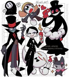 6+boys black_bow black_coat black_hat black_hat_(villainous) black_jacket black_pants bow brown_vest candle character_request coat colored_sclera colored_skin copyright_request creature full_body ghost gloves grey_pants grey_skin grid_background grin half-closed_eyes hat heart holding holding_candle jacket kaonashi keroro_gunsou kimoti_omoti male_focus monocle multiple_boys pants red_eyes red_gloves sen_to_chihiro_no_kamikakushi smile sparkle tamama teeth top_hat twitter_username vest villainous watermark white_skin yellow_sclera