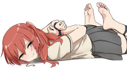 1girl arms_behind_back barefoot bdsm bocchi_the_rock! bondage bound bound_wrists brown_shirt closed_mouth commentary dochi_(dosa_dosa_dosa) english_commentary frogtie green_eyes grey_skirt hair_between_eyes highres kita_ikuyo long_hair looking_at_viewer lying mixed-language_commentary on_stomach one_side_up pleated_skirt red_hair restrained school_uniform shibari shirt simple_background skirt solo white_background