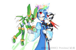 Rule 34 | 3boys, armor, blue eyes, blue helmet, blue robe, brothers, buzzsaw (6631455), cowboy shot, cyber elf x (mega man), facial mark, father and son, forehead jewel, green armor, green eyes, green helmet, group picture, halo, head wings, helmet, hidden phantom (mega man), male focus, mechanical wings, mega man (series), mega man zero (series), multiple boys, ninja, purple armor, purple eyes, purple helmet, robe, sage harpuia (mega man), siblings, simple background, white background, wings, x (mega man)