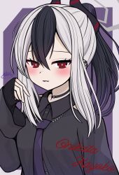 1girl absurdres black_choker black_hair black_horns black_shirt blue_archive blush breasts character_name choker collared_shirt commentary_request demon_horns ear_piercing grey_hair hair_between_eyes halo highres horns kayoko_(blue_archive) long_sleeves looking_at_viewer medium_breasts multicolored_hair necktie parted_lips piercing ponytail purple_necktie red_eyes shirt sidelocks signature solo tanabata_natsuki two-tone_hair