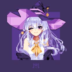 1girl bare_shoulders bow bowtie closed_mouth collared_shirt commentary cropped_torso elaina_(majo_no_tabitabi) english_commentary grey_hair hair_between_eyes hat hat_ornament large_hat long_hair looking_at_viewer majo_no_tabitabi normalpixel off_shoulder one_eye_closed pink_hat pixel_art purple_background purple_eyes purple_hair purple_hat shirt simple_background sleeveless sleeveless_shirt smile solo star_(symbol) straight-on symbol-only_commentary two-sided_fabric two-sided_headwear upper_body white_hair white_shirt witch witch_hat yellow_bow yellow_bowtie